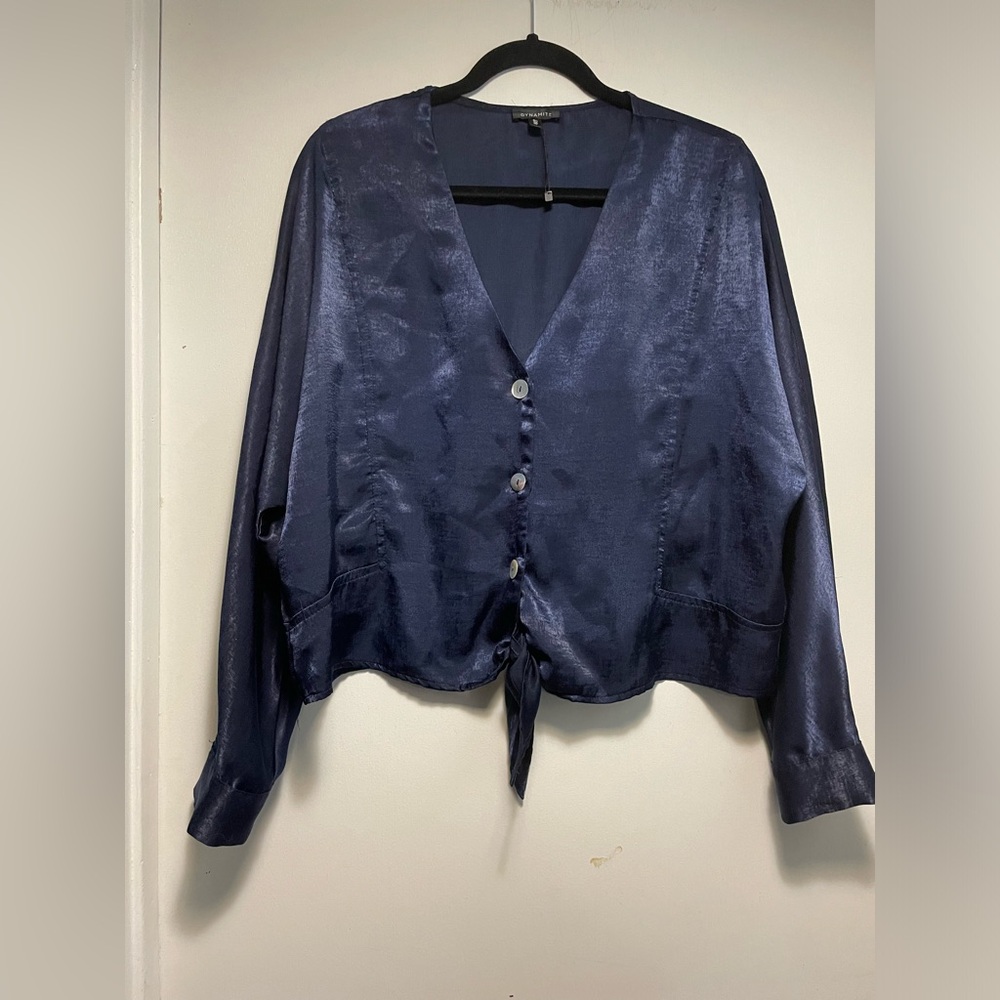 Dynamite Blue Shiny Long Sleeve Shirt with Tie Size Large